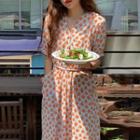 Short-sleeve V-neck Floral Midi A-line Dress Orange - One Size