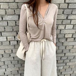 Linen Blend Henley Beige - One Size