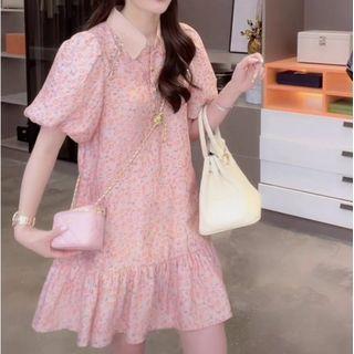 Puff-sleeve Collar Floral Mini Smock Dress