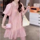 Puff-sleeve Collar Floral Mini Smock Dress