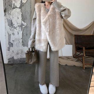Furry Loose-fit Vest / Plain Long-sleeve Knit Top / Plain Loose-fit Pants