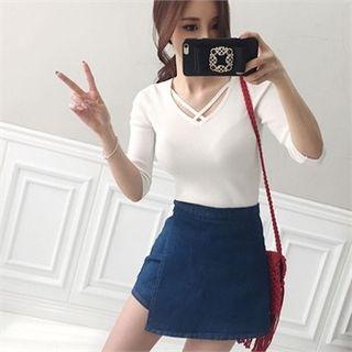 Flap-front Denim Skort