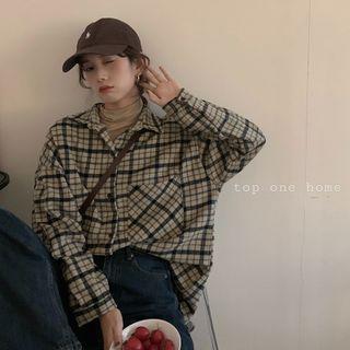 Long-sleeved Plaid Shirt Almond - One Size