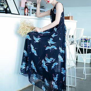 Crane Print Sleeveless Maxi Chiffon Dress