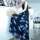 Crane Print Sleeveless Maxi Chiffon Dress