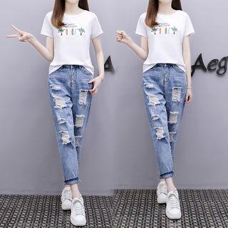 Set: Print Short-sleeve T-shirt + Rip Slim Fit Jeans
