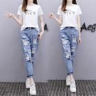 Set: Print Short-sleeve T-shirt + Rip Slim Fit Jeans