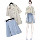 Set: Elbow-sleeve Plaid Shirt Dress + A-line Skirt