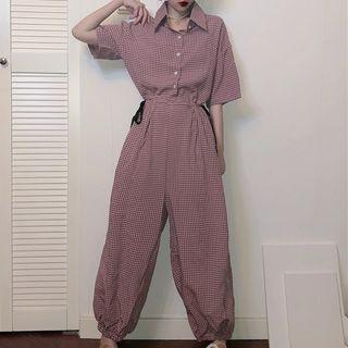 Elbow-sleeve Gingham Harem Jumpsuit