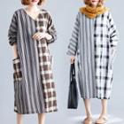 Plaid Striped Panel V-neck Long-sleeve Dress