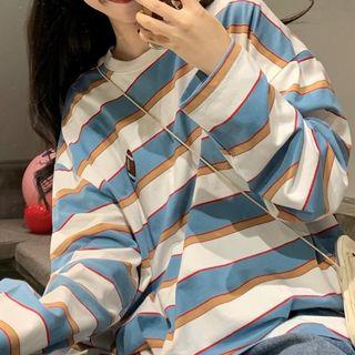 Embroidered Oversize Striped Long-sleeve T-shirt Stripe - Blue & White - One Size