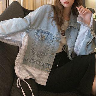 Long-sleeve Panel Shirt Mock Two-piece Denim Jacket