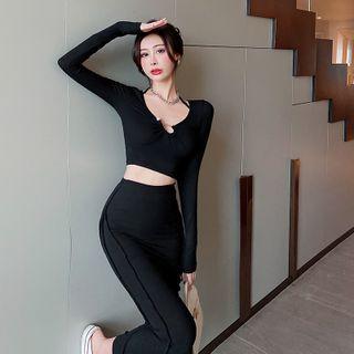 Set Of 2 : Plain Cropped Top + Plain Skinny Skirt
