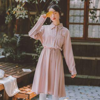 Collared Long-sleeve Tie-waist Dress