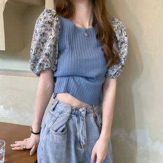 Puff-sleeve Floral Panel Crop Top