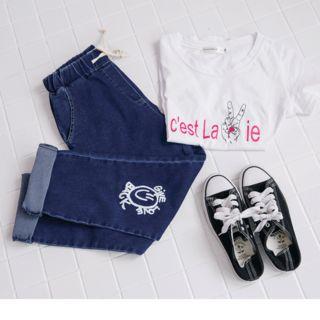 Drawcord Print Straight Fit Jeans