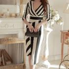 Striped 3/4-sleeve Asymmetrical Sheath Dress