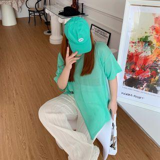 Elbow-sleeve Slit-hem Sheer T-shirt