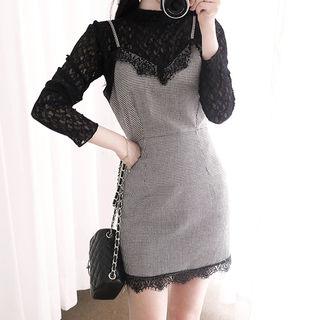 Spaghetti-strap Houndstooth Midi Sheath Dress