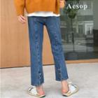 Buttoned Hem Straight Leg Jeans