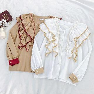 Color-block V-neck Ruffled-trim Panel Long-sleeve Blouse