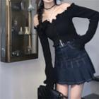 Long-sleeve Off-shoulder Frill Trim Crop Top / Denim Mini A-line Skirt