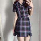 Plaid Short-sleeve Shirt / Mini Pencil Skirt / Set