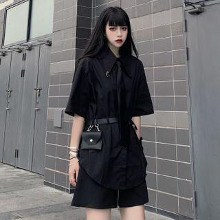 Belted Elbow-sleeve Shirt
