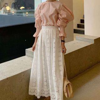 Puff-sleeve Blouse / Lace Midi Skirt