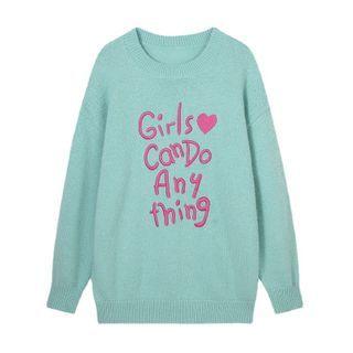 Lettering Embroidered Sweater Bluish Green - One Size