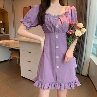 Short-sleeve Square-neck Ruffled Trim Dress