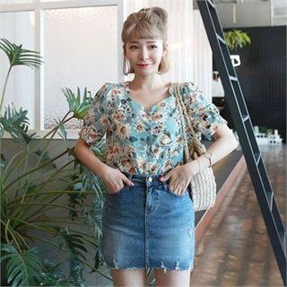 Square-neck Floral Cotton Blouse