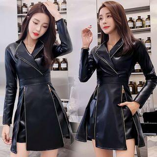 Set: Long-sleeve Faux Leather Mini A-line Dress + Wide-leg Shorts