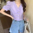 Short-sleeve V-neck Tie-back Plain Blouse