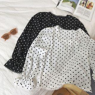 Polka Dot Square-neck Chiffon Flare-sleeve Blouse