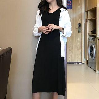 Plain Shirt / V-neck Sleeveless Midi A-line Dress