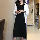 Plain Shirt / V-neck Sleeveless Midi A-line Dress