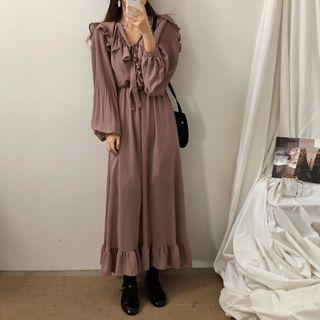 Ruffle Trim Long-sleeve Maxi A-line Dress