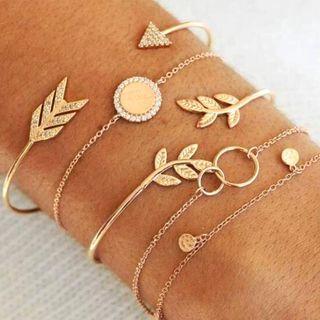 Set Of 5: Alloy Bracelet / Open Bangle (various Designs) Ab004 - Gold - One Size