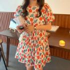 Puff-sleeve Floral Print A-line Dress Red & Green Floral - White - One Size