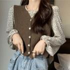 Long-sleeve Lace Top / Floral Print Top / Buttoned Knit Vest