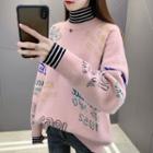 Mock Two-piece High-neck Striped Panel Lettering Knit Sweater