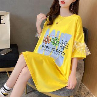 Flower Print Elbow-sleeve Mini T-shirt Dress