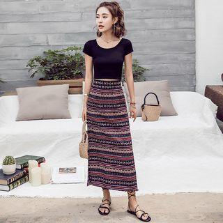 Set: Short-sleeve Crop Top + Patterned Midi A-line Skirt