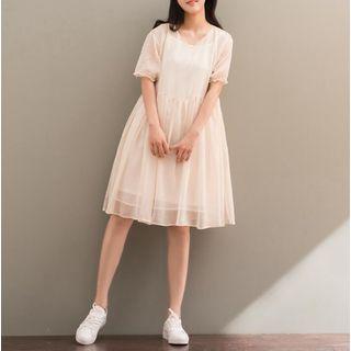 V-neck Short Sleeve Sheer Midi Dress