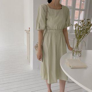 Short-sleeve Square-neck Cutout-back Midi A-line Dress