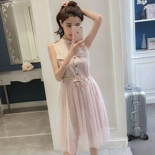 Set: Sleeveless Buttoned Dress + Mesh Skirt