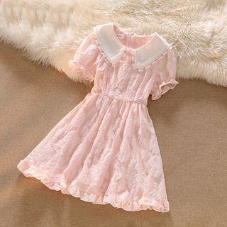Puff-sleeve Faux Pearl Trim Shirred A-line Dress