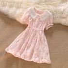 Puff-sleeve Faux Pearl Trim Shirred A-line Dress