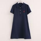 Short-sleeve Cherry Embroidered A-line Polo Dress Navy Blue - One Size